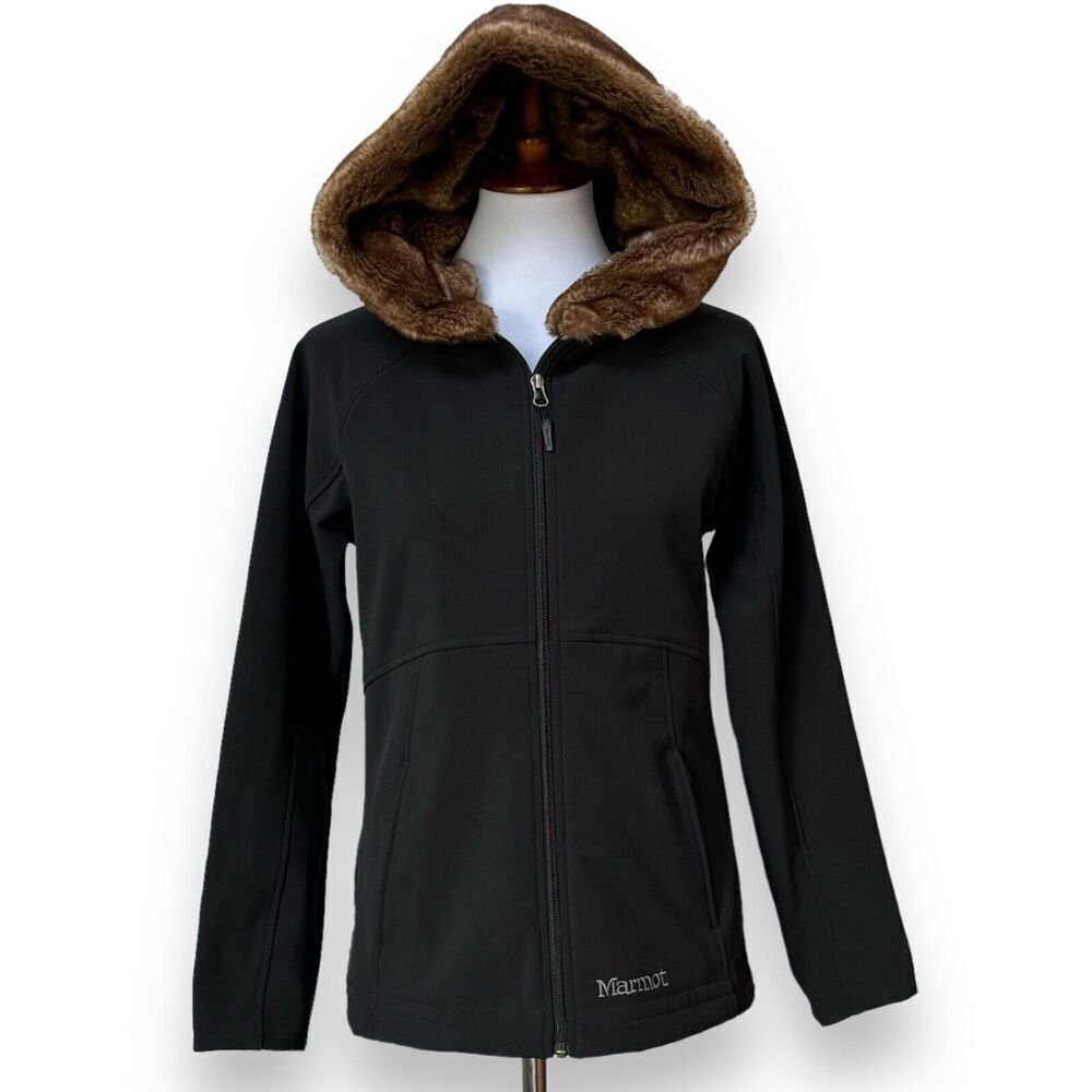 Marmot Womens Furlong Softshell Jacket Black Hooded Zip Pockets Fleece Lined M